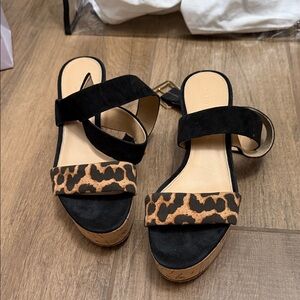 Veronica Beard Black Suede Wedge Sandals with Leopard Straps